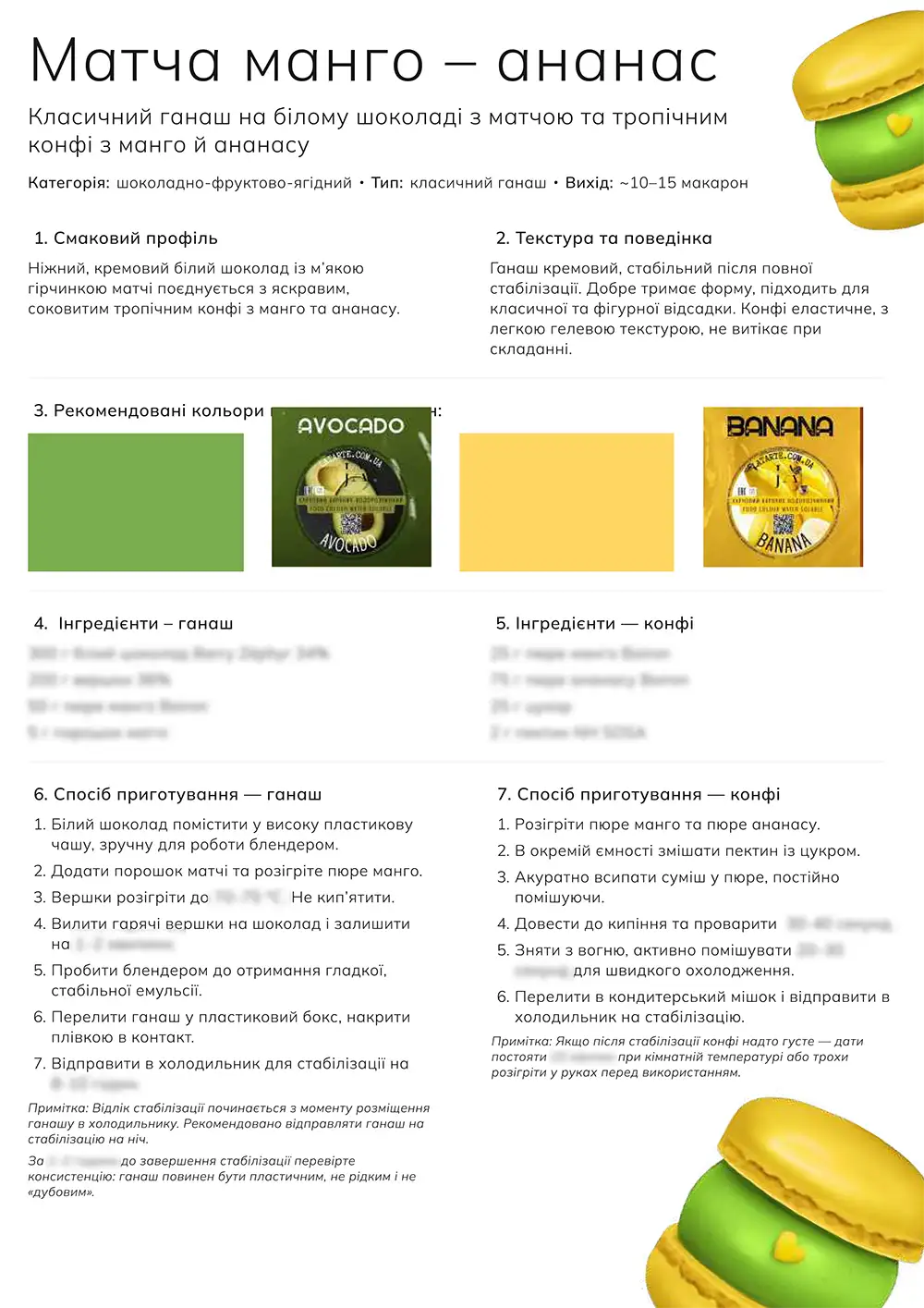 Техкарта Матча манго – ананас, сторінка 1: смаковий профіль, текстура та етапи приготування; кількість інгредієнтів прихована.